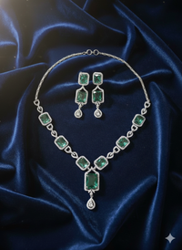 Ad Art Deco Emerald Necklace With Drop Earrings For Woman & Girls