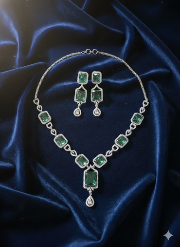 Ad Art Deco Emerald Necklace With Drop Earrings For Woman & Girls