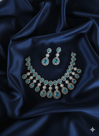 Silver Plated Teardrop Aquamarine & Diamond Halo Necklace Set