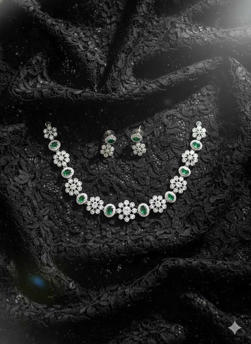 Oval Green Gemstone and CZ Cluster Necklace Set
