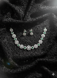 Oval Green Gemstone and CZ Cluster Necklace Set