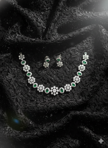 Oval Green Gemstone and CZ Cluster Necklace Set