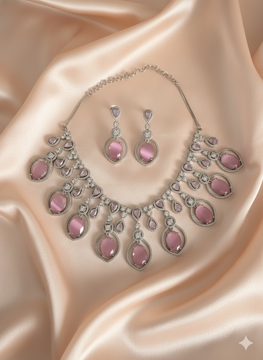 Blush Pink Stone Wedding Jewelry Set in Silver Tone