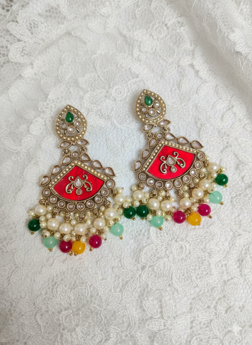 Ruby Red Meenakari Chandelier Drop  Earrings