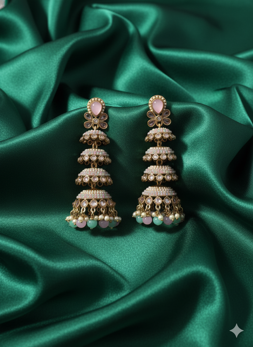 Pastel Pink Multi-Tier Heritage Jhumkas