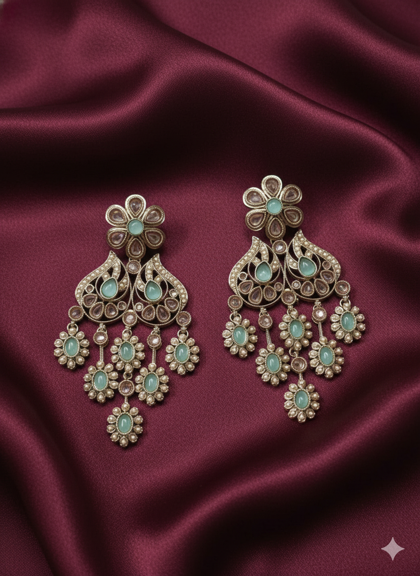 Antique Gold Finish Floral Kundan Chandelier Drops Earrings For Woman