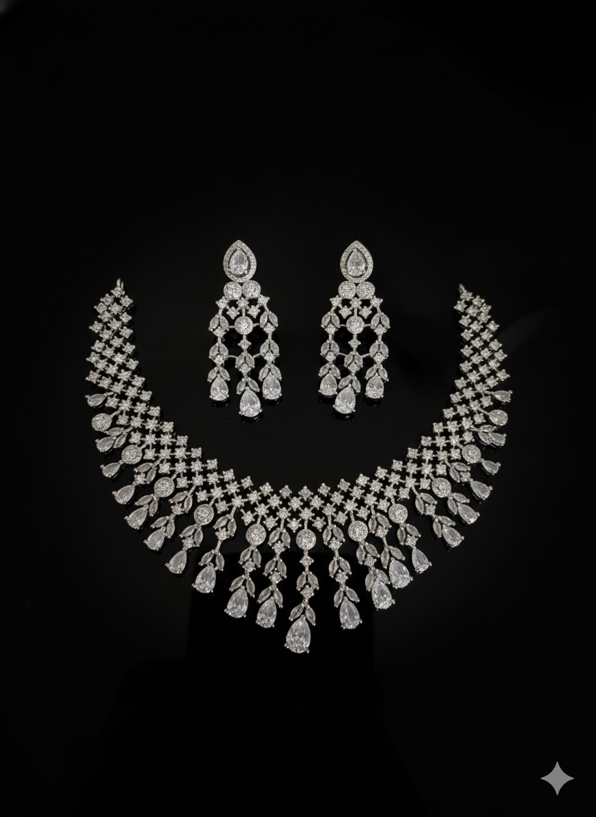 Grand White Stone Wedding Necklace & Earrings Set