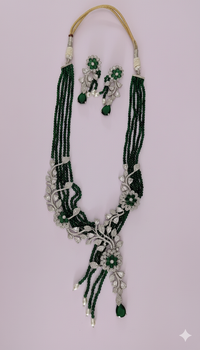 Regal Green Beaded & Floral AD Long Necklace Set With Pearls