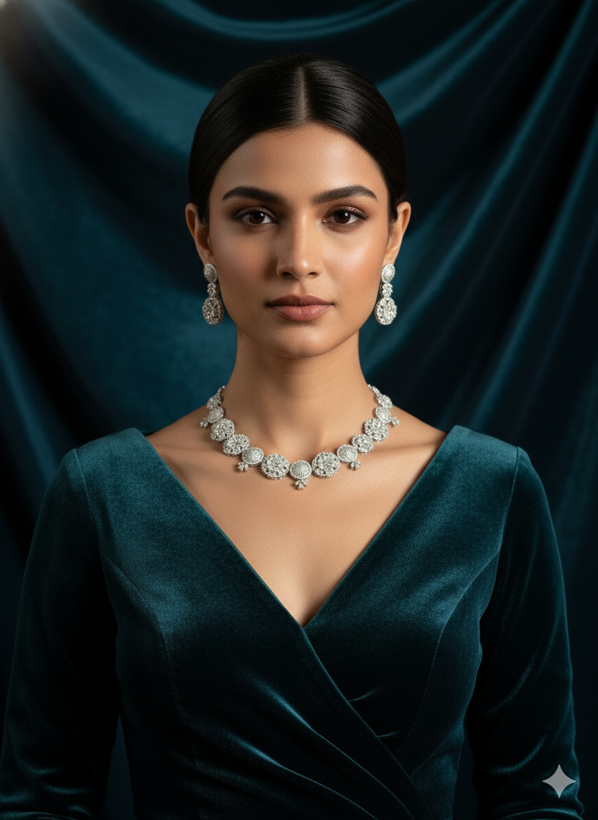 Intricate American Diamond Flower Motif Necklace Set