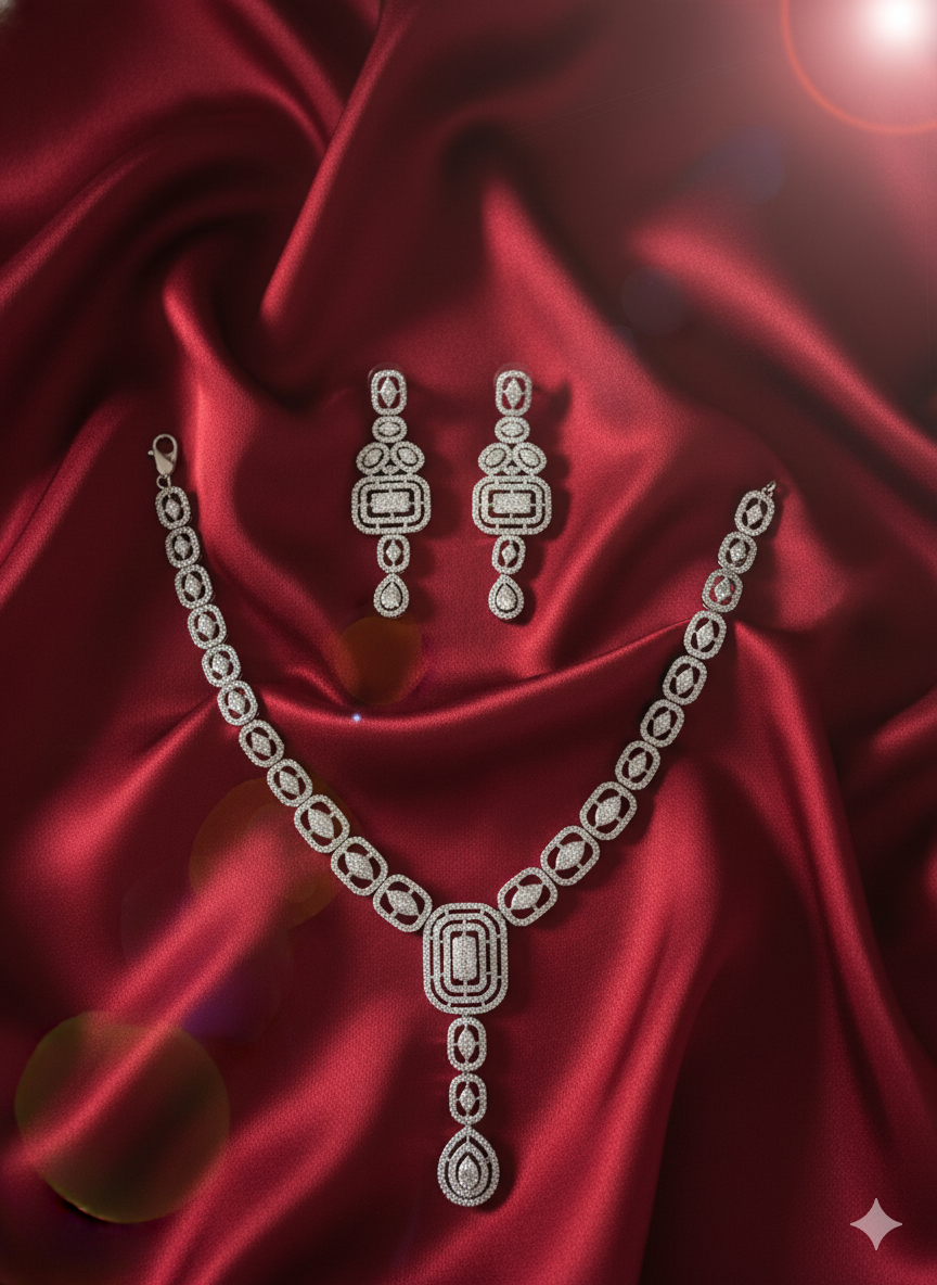 Bridal Emerald Cut Drop American Diamond Necklace Set