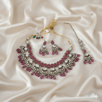 Ruby Pink Handcrafted Droplet Beads Choker Set For Woman