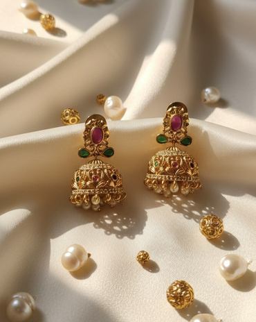 Gold-Plated Ruby & Emerald Jhumka Earrings For Woman & Girls