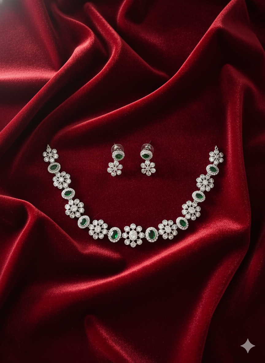 Oval Green Gemstone and CZ Cluster Necklace Set