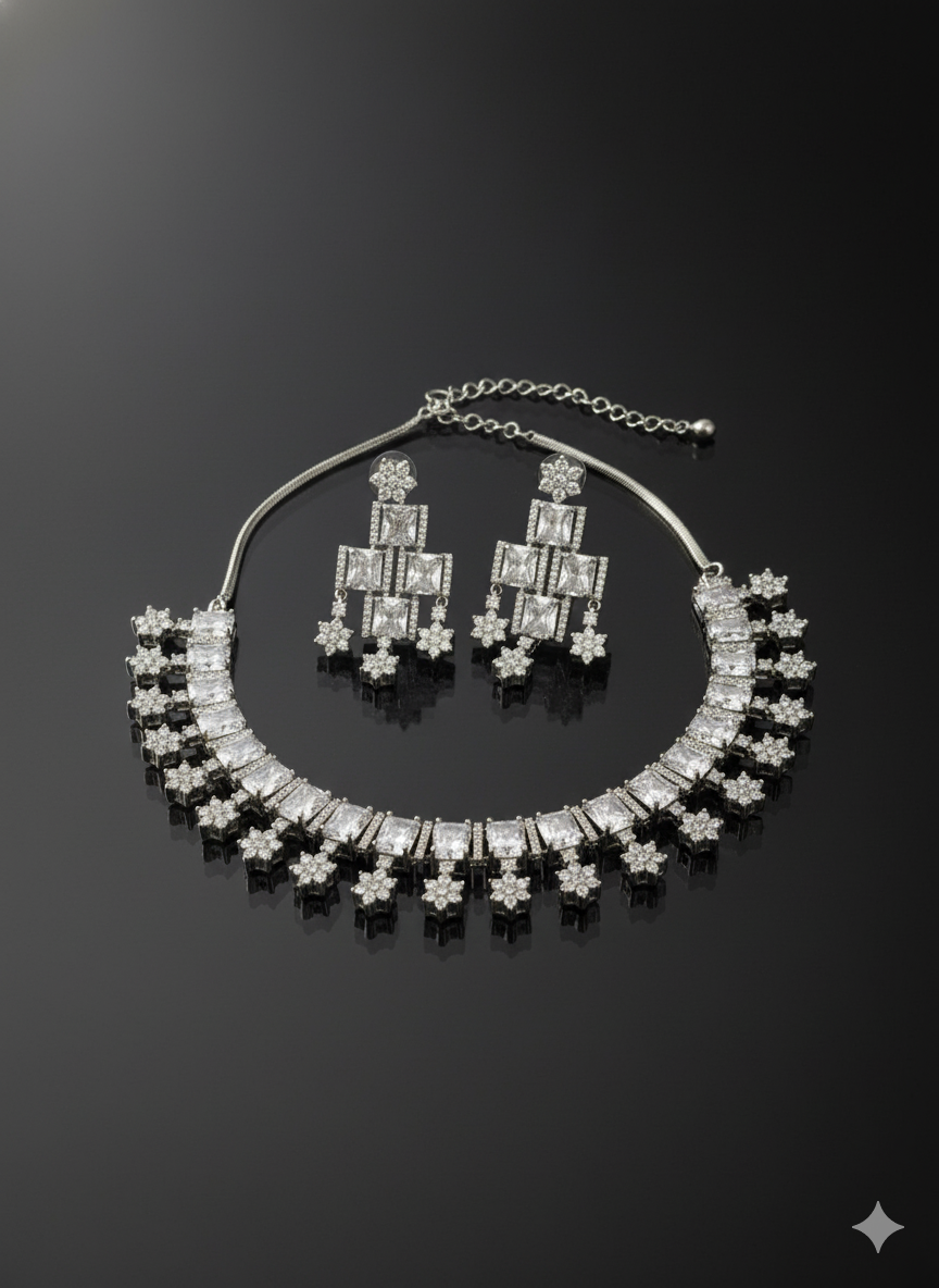 Geometric Necklace with Dangling Floral Drops Jewelry Set