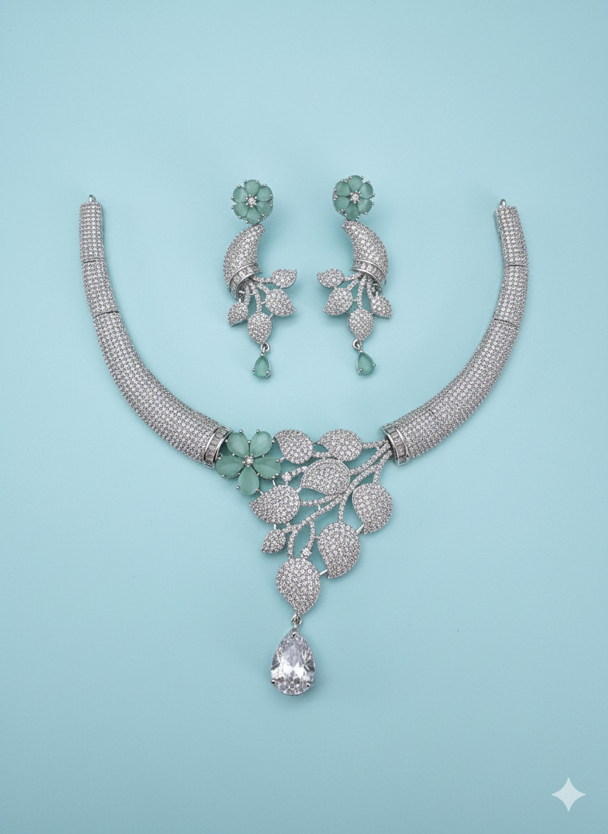 Silver Plated Diamond-Look Floral Necklace Set