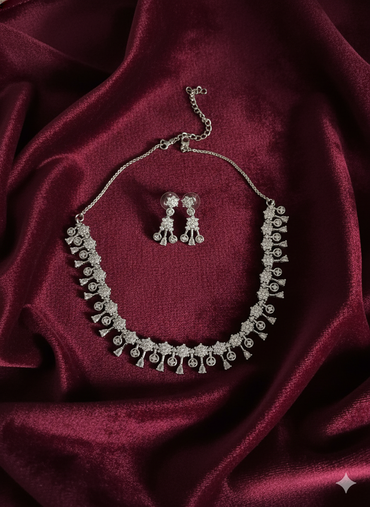 American Diamond Garland Fringe Silver Necklace Set