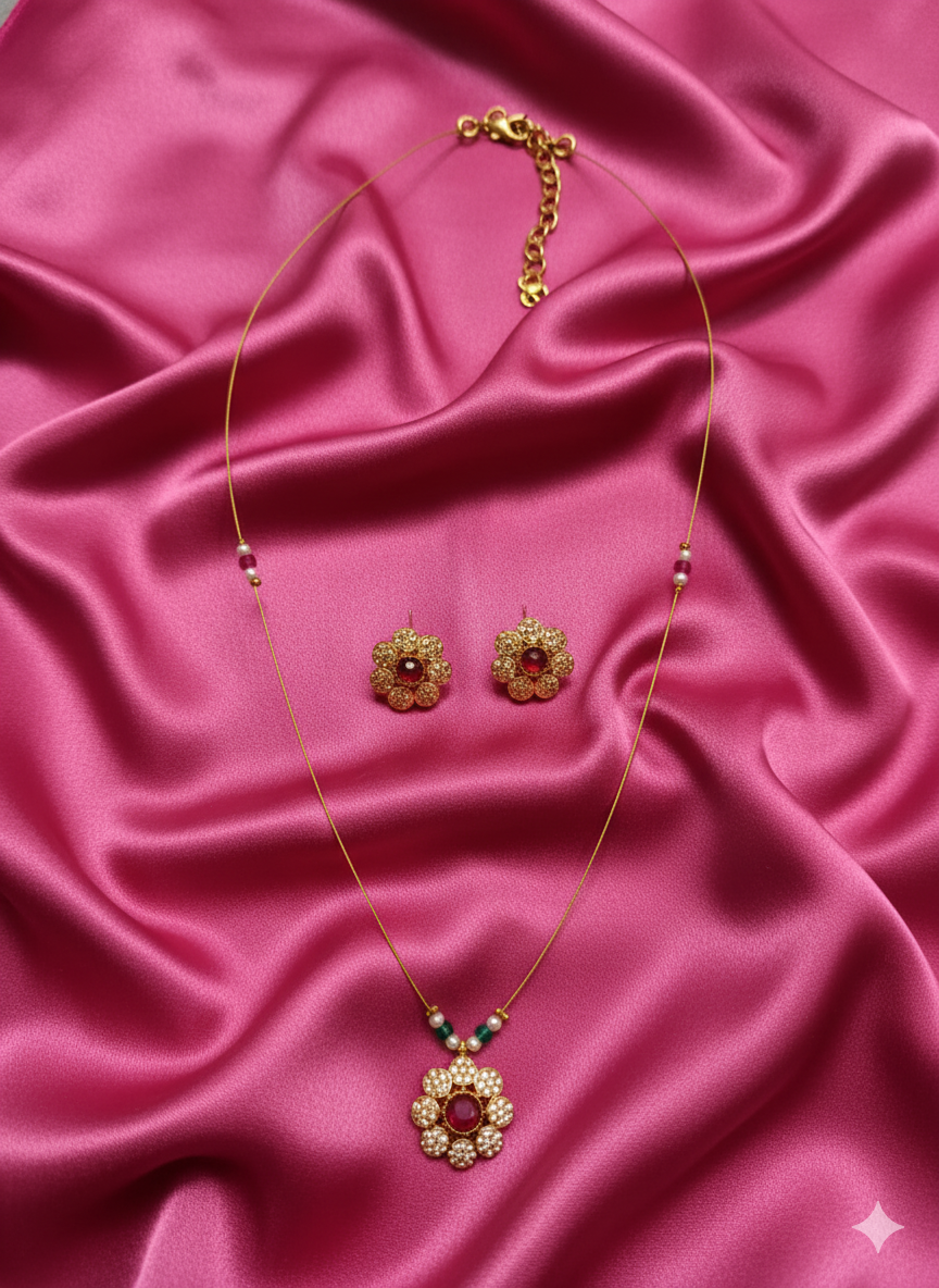 Traditional Floral Zircon Pendant Set with Matching Studs For Woman