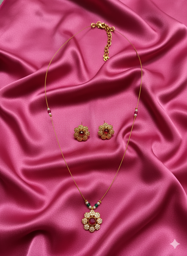 Traditional Floral Zircon Pendant Set with Matching Studs For Woman