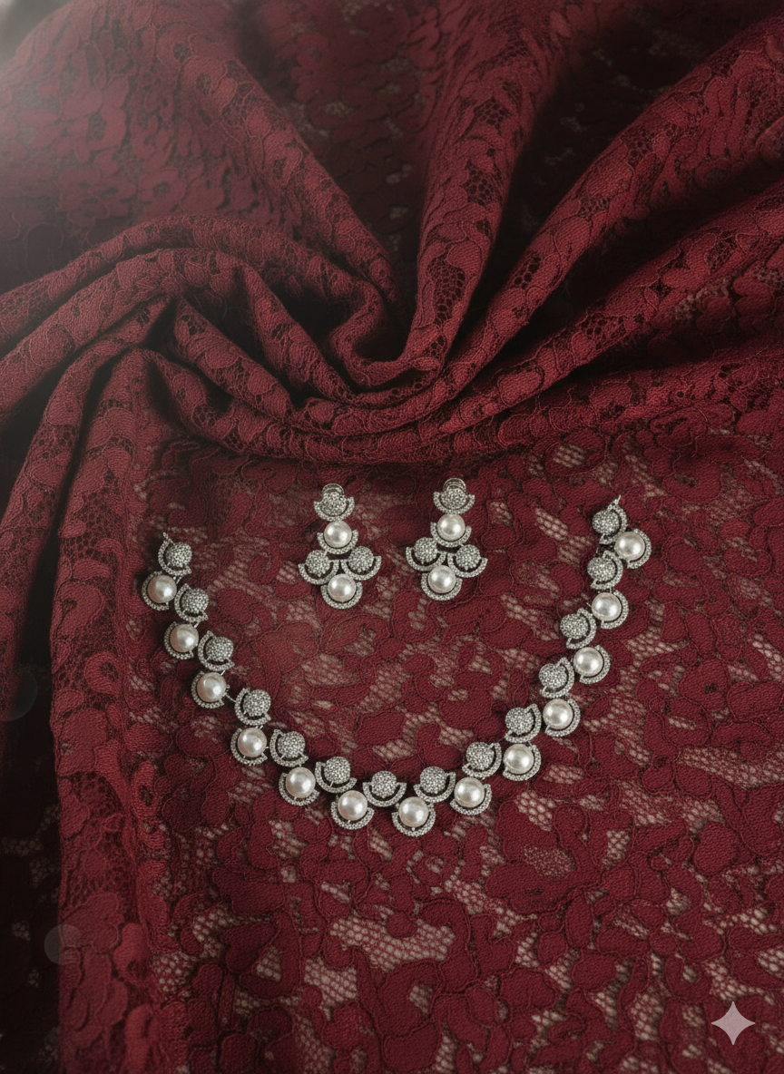Sparkling AD Halo and Pearl Collar Necklace Set