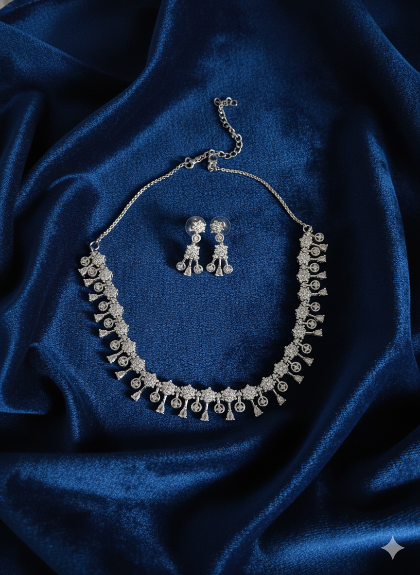 American Diamond Garland Fringe Silver Necklace Set