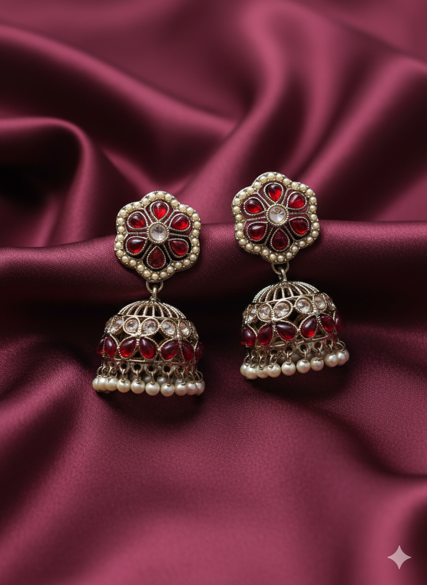 Antique Gold Ethnic Jhumki with Pearl Bead Fringe