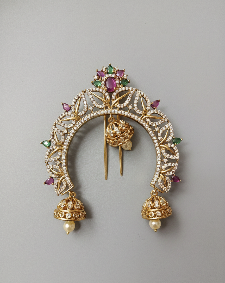 Vintage Gold Temple Hair Brooch  Traditional Stone Encrusted Jhumka Hair Pin