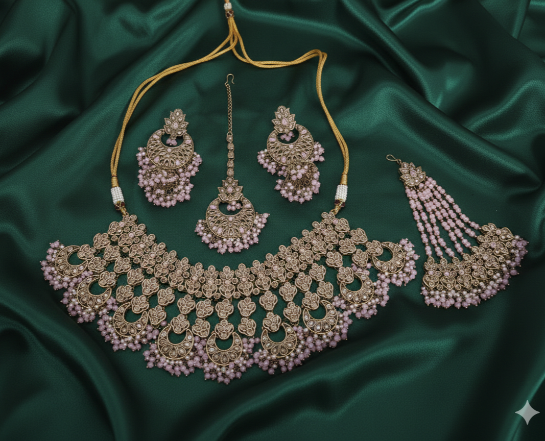 Baby Pink Champagne Bridal Choker Set With Earring set