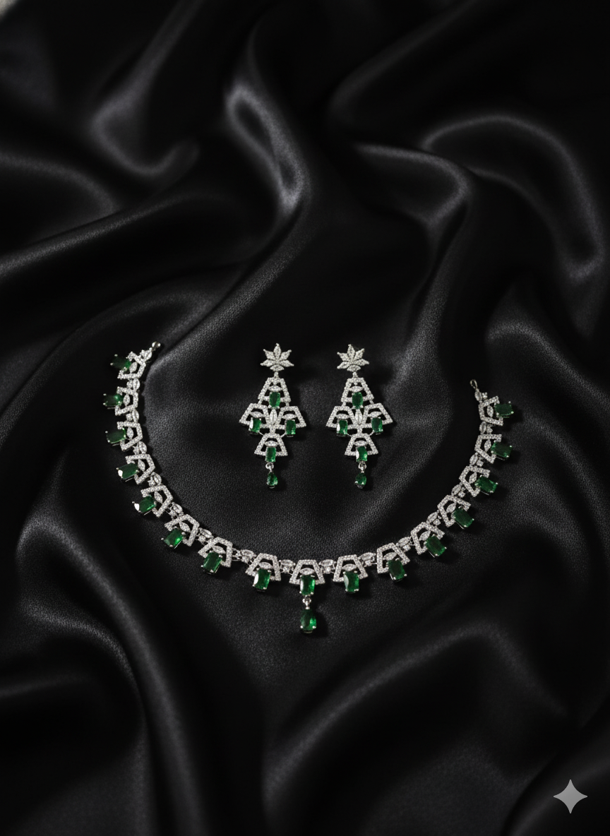 Vibrant Green and White American Diamond Link Necklace Set