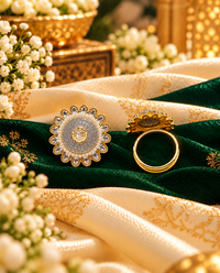 Sunburst Pave Medallion Ring with Pearl Border