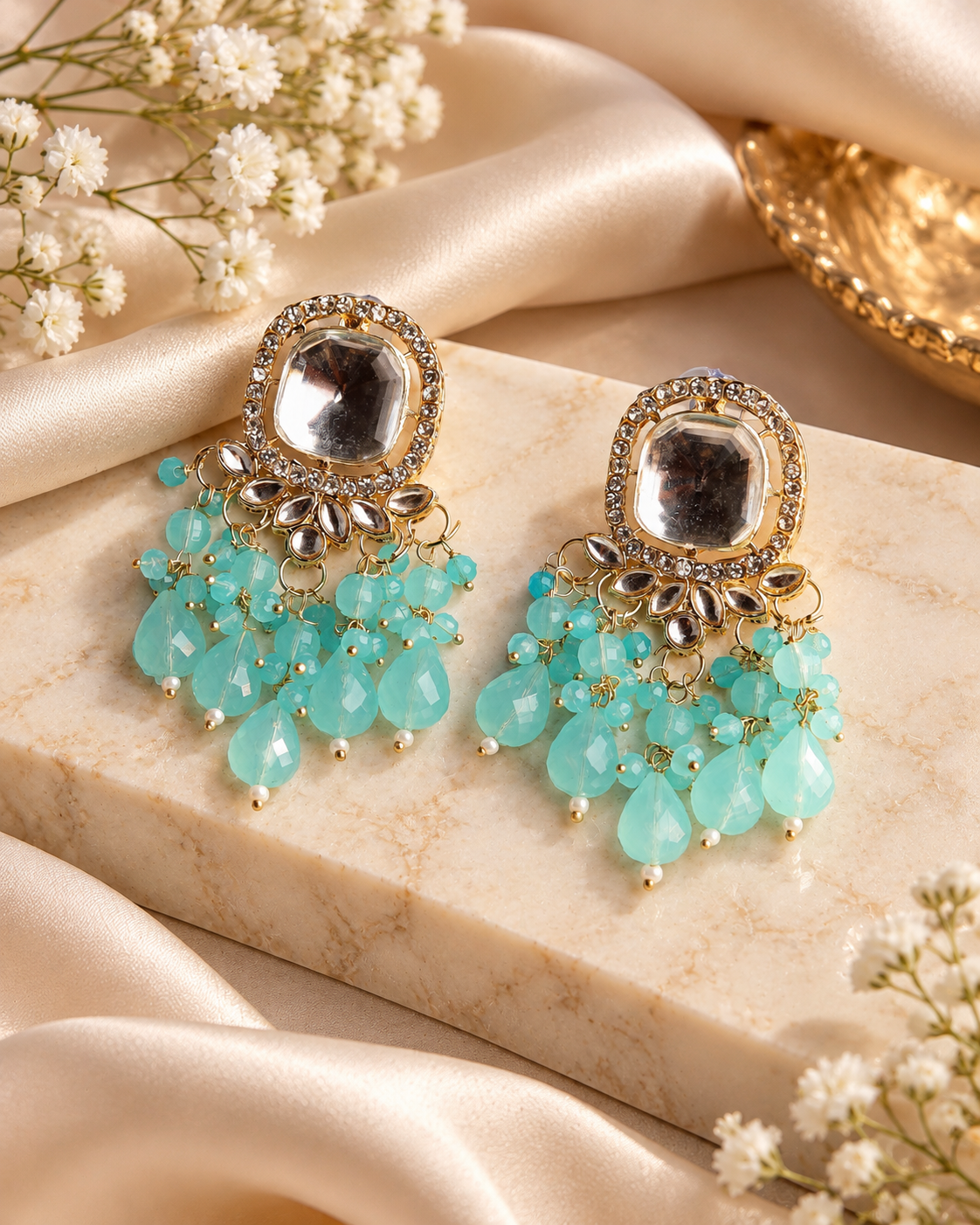Square Kundan Earrings with Round Crystal Centerpiece Gold Plated Earrings