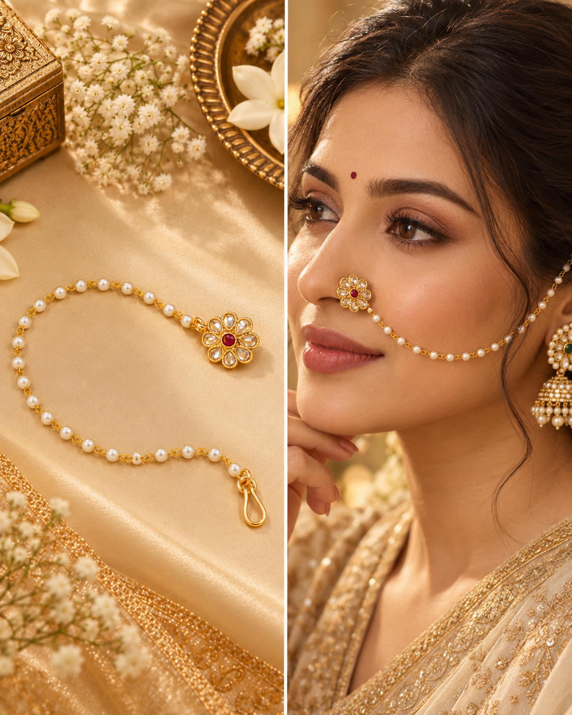Traditional Gold-Plated Non-Pierced Nose Ring Nath With Pearl Chain For Woman