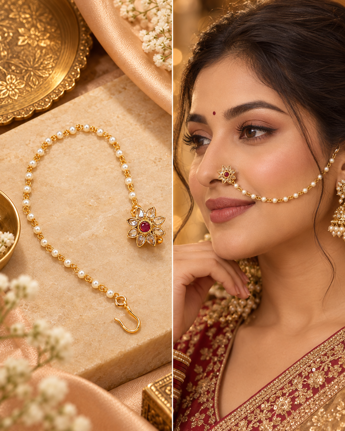 Traditional Gold-Plated Non-Pierced Nose Ring Nath With Pearl Chain For Woman