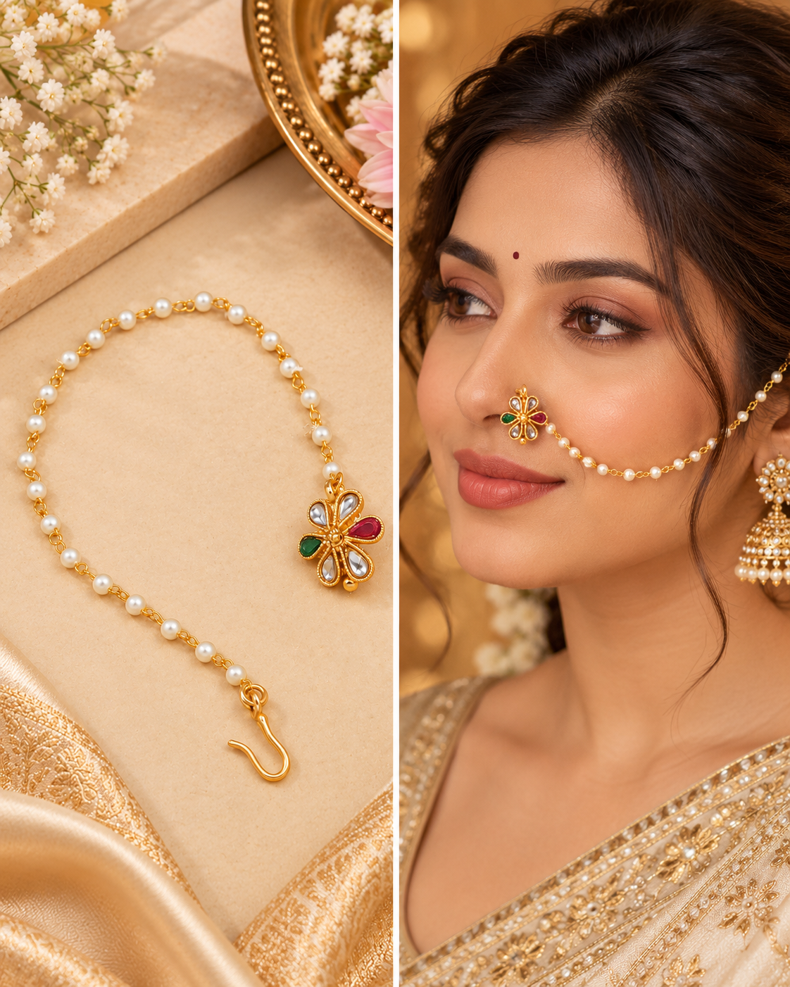 Traditional Gold-Plated Non-Pierced Nose Ring Nath With Pearl Chain For Woman