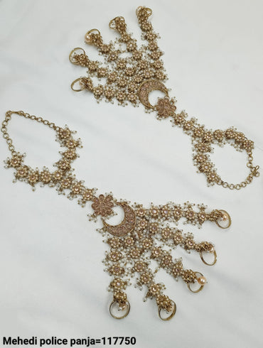 Traditional Antique Gold Plated & Pearl Hathpanja Set