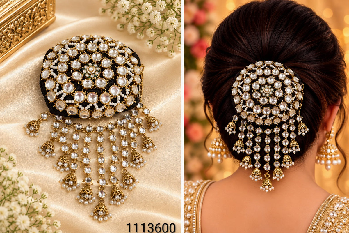 Traditional Stone & Pearl Bun Brooch with Jhumki Tassels