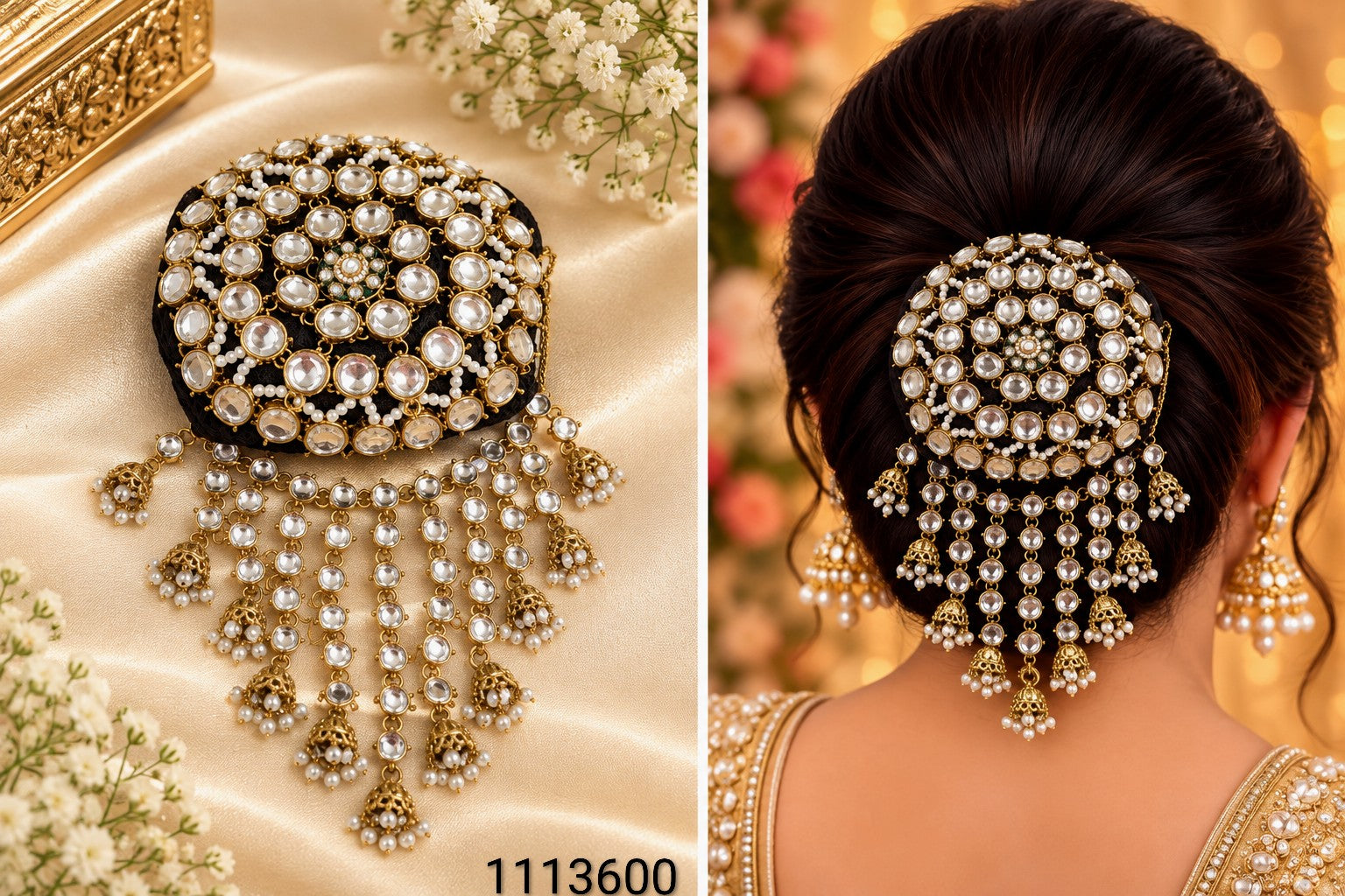 Traditional Stone & Pearl Bun Brooch with Jhumki Tassels