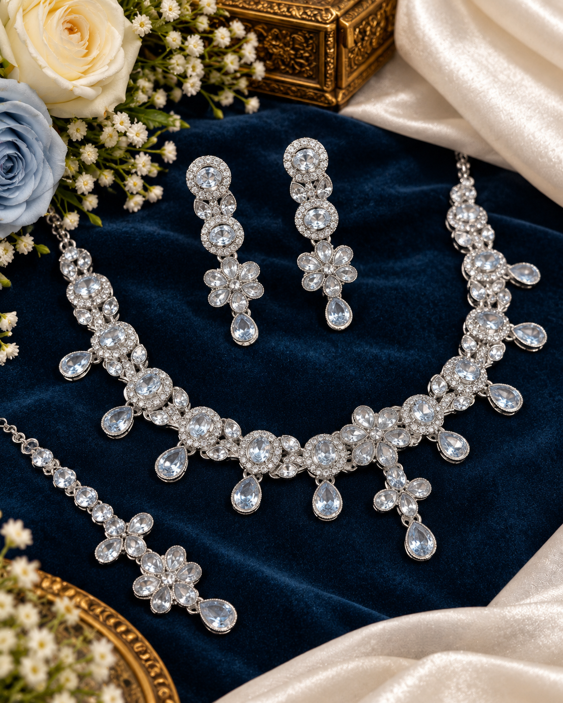 Floral Choker CZ Necklace Set with Maang Tikka & Earrings