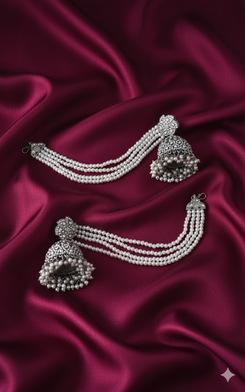 Sahare Jhumka Set  Rhodium Finish with Multi-Layered Pearl Chains
