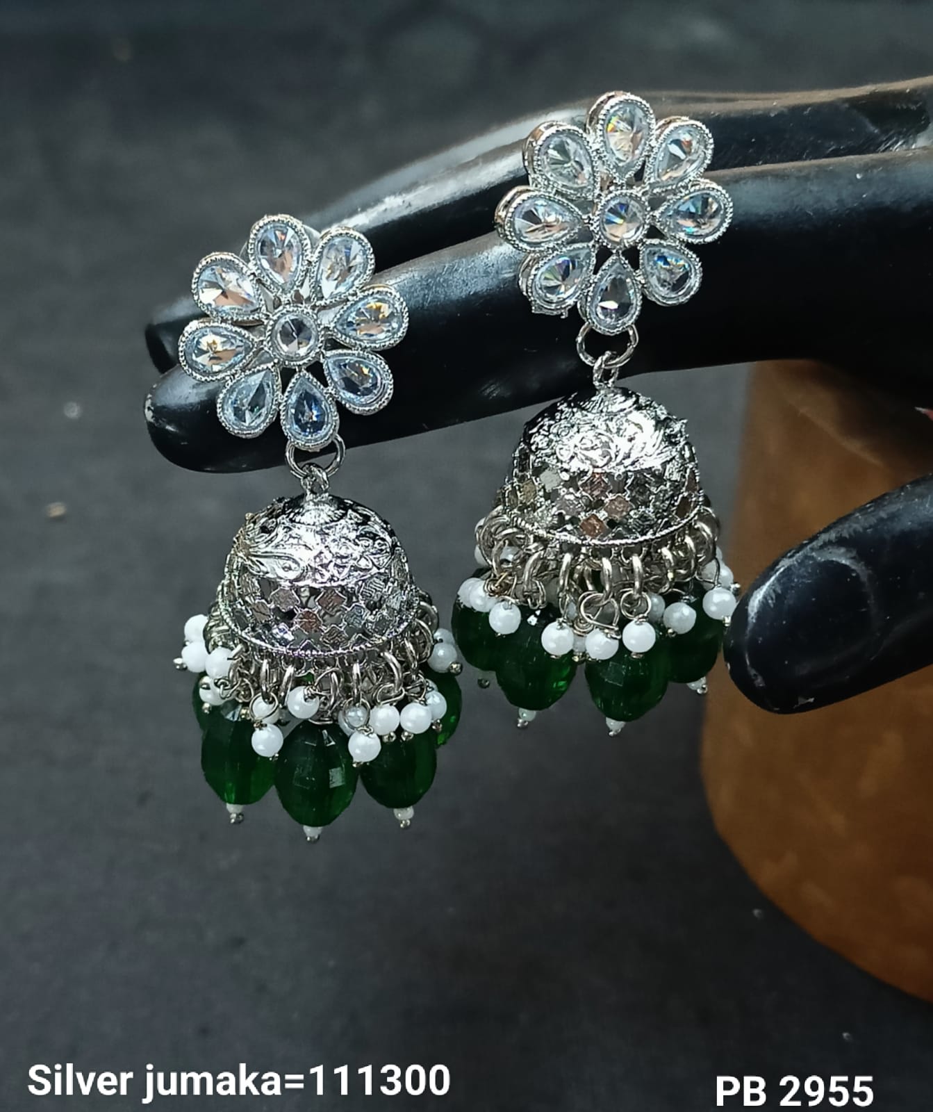 Silver Floral Jhumkas with Green Drops