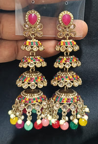 Multi-Tier CZ Jhumka Earrings with Dangling Beads - Lucentemarket