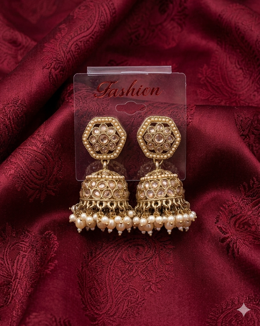 Maroon Antique Gold Jhumkha Earrings