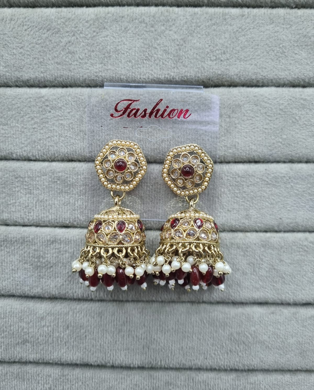 Maroon Antique Gold Jhumkha Earrings