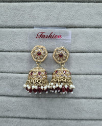 Maroon Antique Gold Jhumkha Earrings