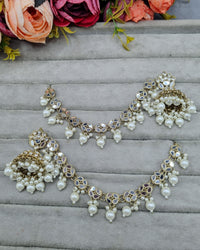 Traditional Mirror Inset Pearl Jhumka Earrings with Attached Chains