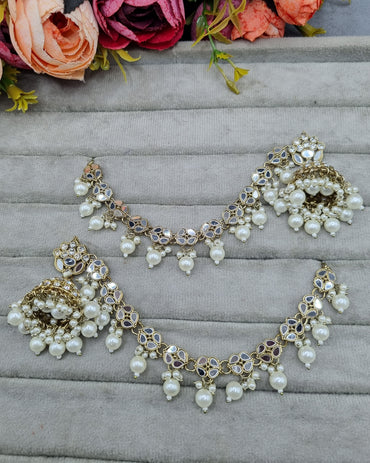 Traditional Mirror Inset Pearl Jhumka Earrings with Attached Chains