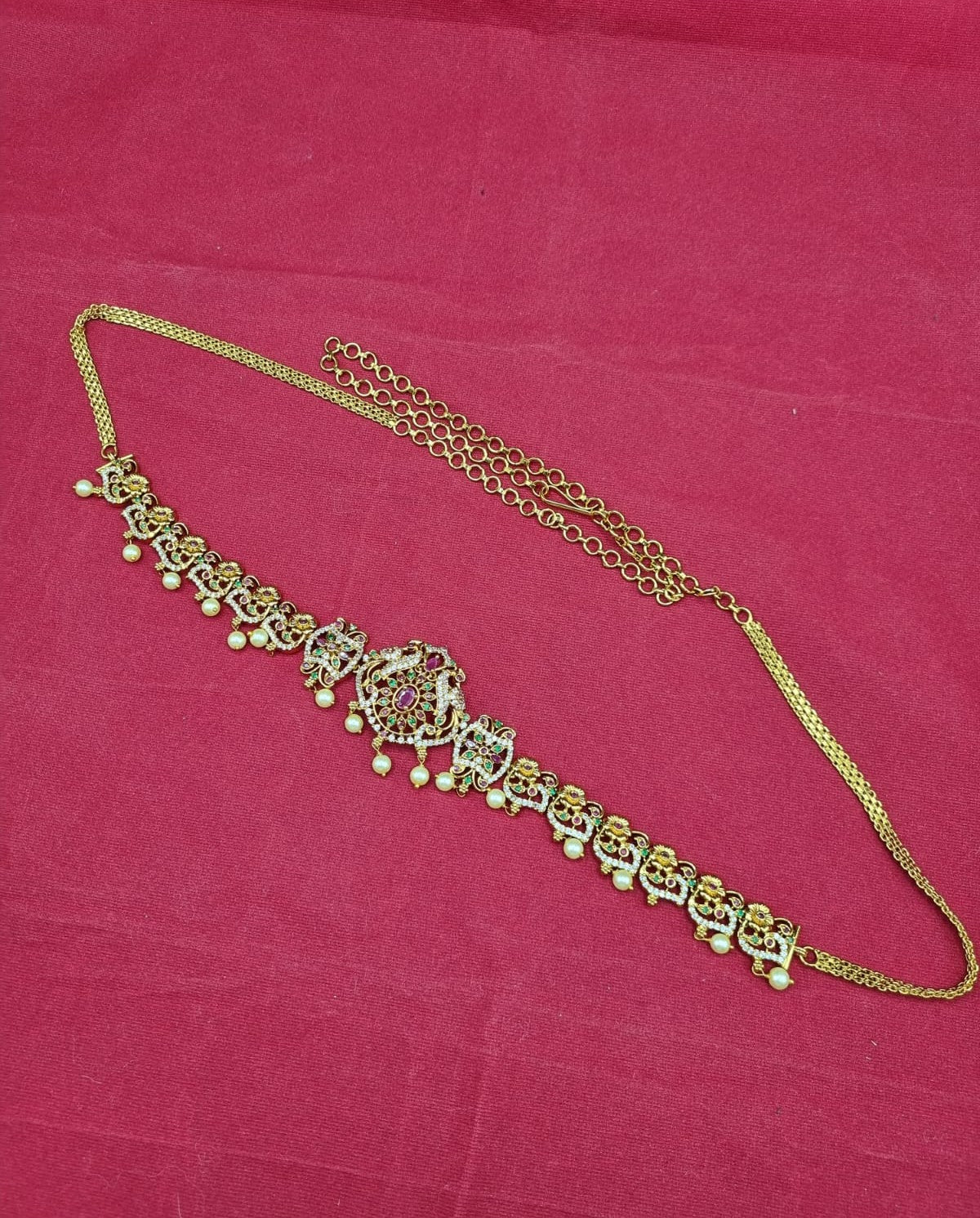 Multi-Stone Ethnic Waist Belt with Pearl Droplets