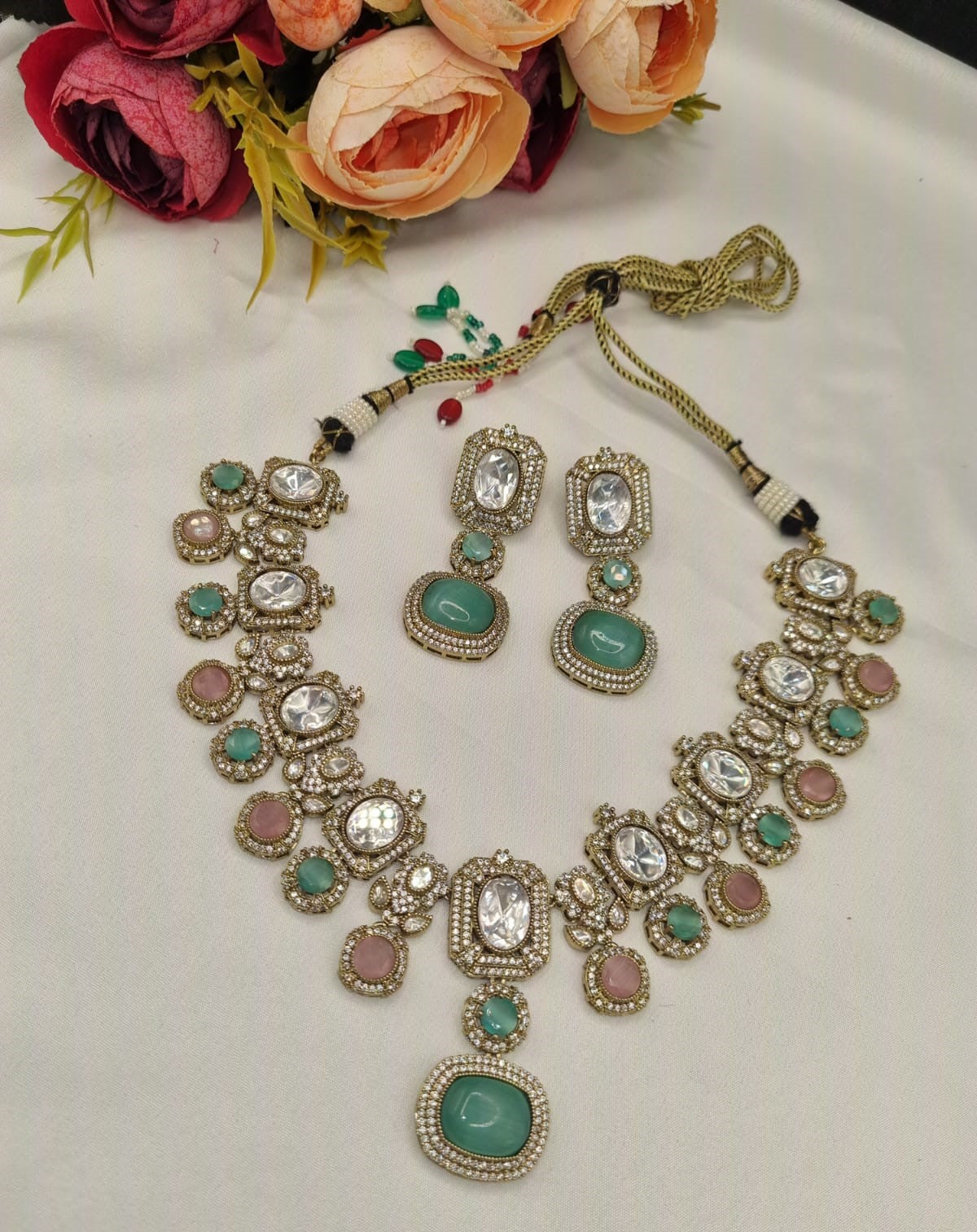 Royal Kundan Gemstone Necklace Set with Matching Drop Earrings