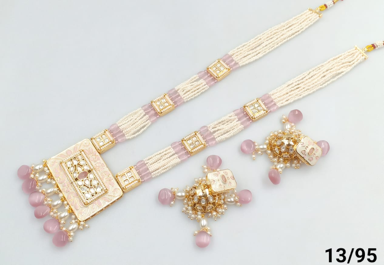 Traditional Square Gold Plated Kundan & Moti Pearl Long Mala Necklace Set