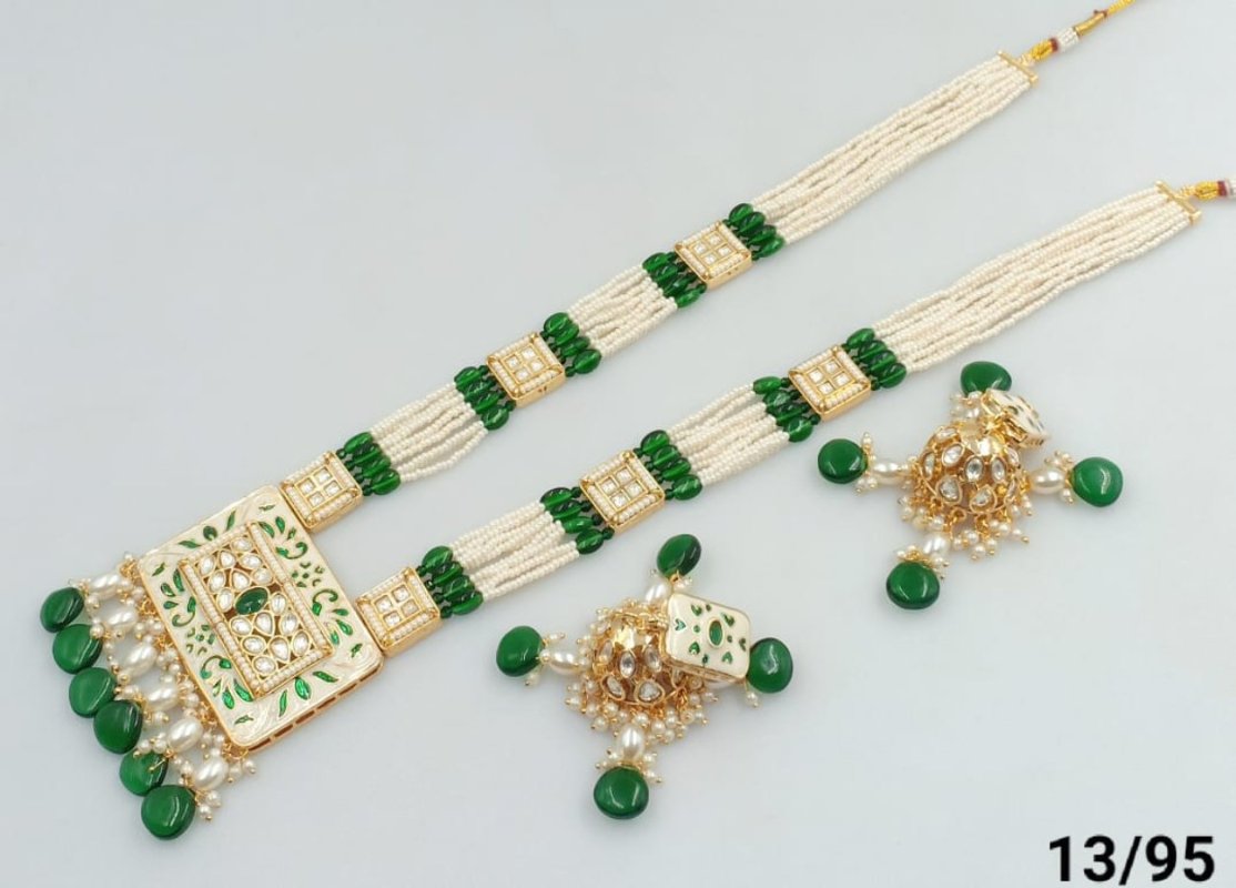 Traditional Square Gold Plated Kundan & Moti Pearl Long Mala Necklace Set