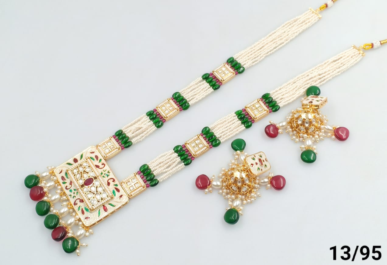 Traditional Square Gold Plated Kundan & Moti Pearl Long Mala Necklace Set